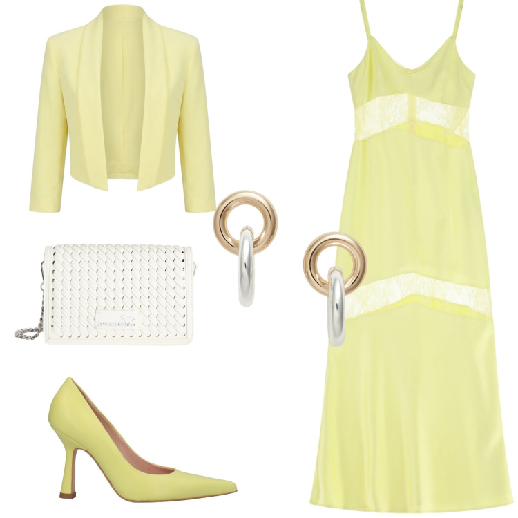 Outfit donna - Total look #2423544. Stile Glamour per Cerimonia. Abbinamento con décolleté, borse a tracolla, vestiti lunghi, bolero, orecchini.
