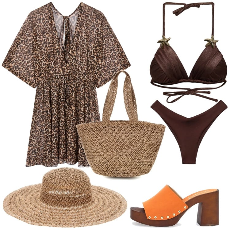 Outfit donna - Terranova beach. Stile Casual chic per Mare. Abbinamento con vestiti da spiaggia, bikini, bikini, zoccoli, cappelli, borse a spalla.