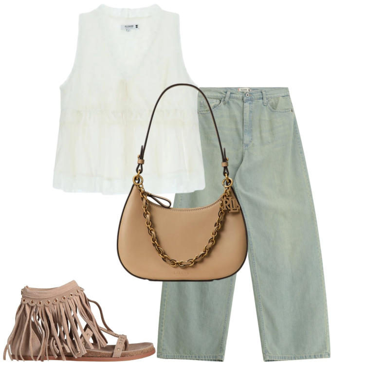 Outfit donna - Giugno. Stile Casual per Tutti i giorni. Abbinamento con infradito, jeans, top, borse a spalla.