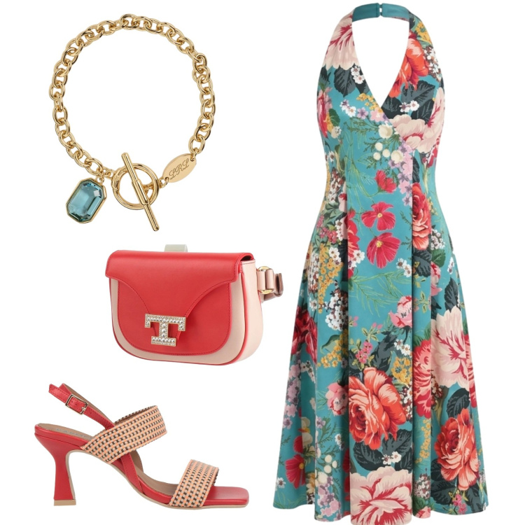 Outfit donna - Summer. Stile Casual chic per Tutti i giorni. Abbinamento con marsupi, sandali in pelle, vestiti midi/longuette, braccialetti.