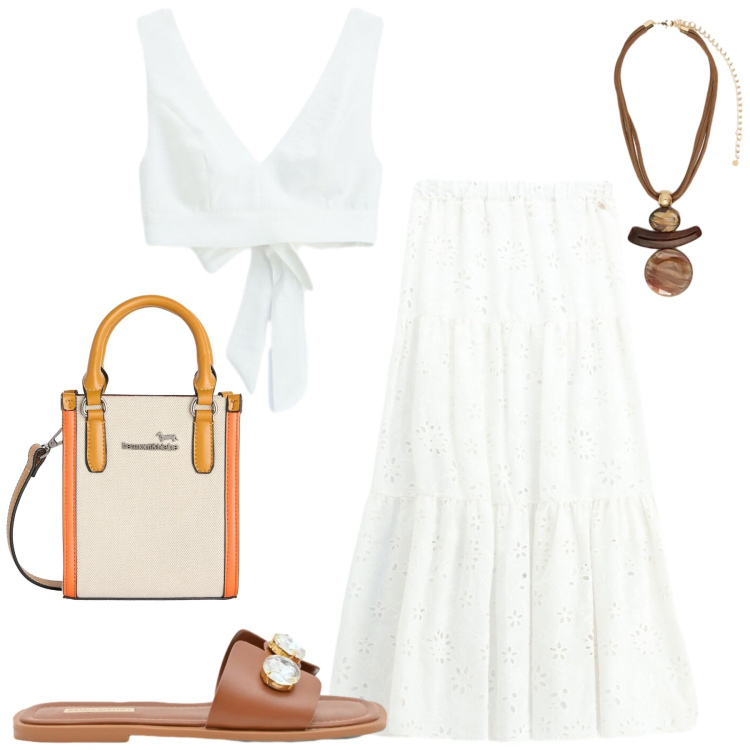 Outfit donna - Summer. Stile Casual chic per Tutti i giorni. Abbinamento con borse tote, gonne longuette, top, sandali gioiello, ciondoli.