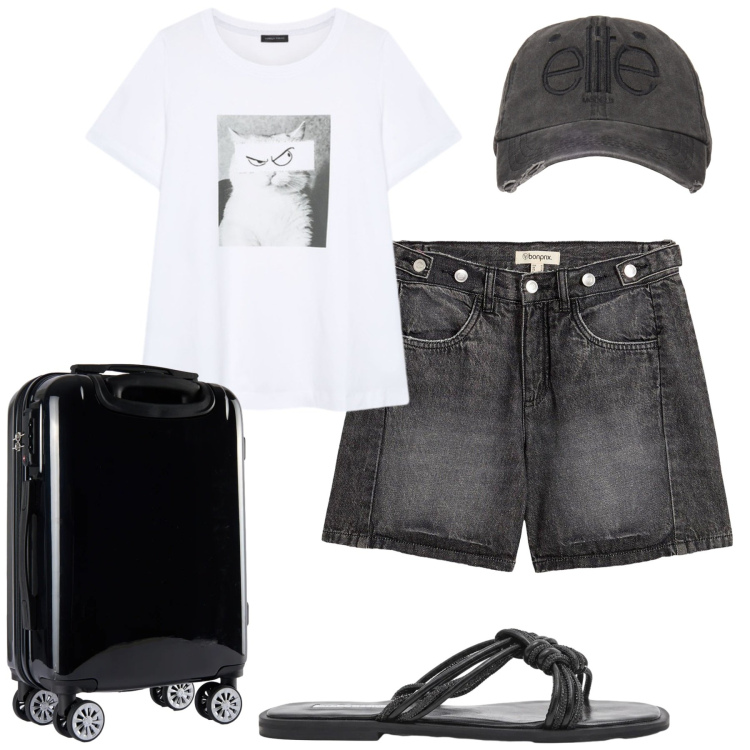 Outfit donna - Si parte. Stile Casual per Tutti i giorni. Abbinamento con shorts, cappelli, valigie, sandali, t-shirt.