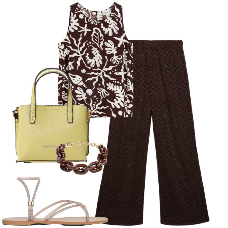 Outfit donna - City. Stile Casual chic per Tutti i giorni. Abbinamento con braccialetti, top, pantaloni, sandali, borse a tracolla.