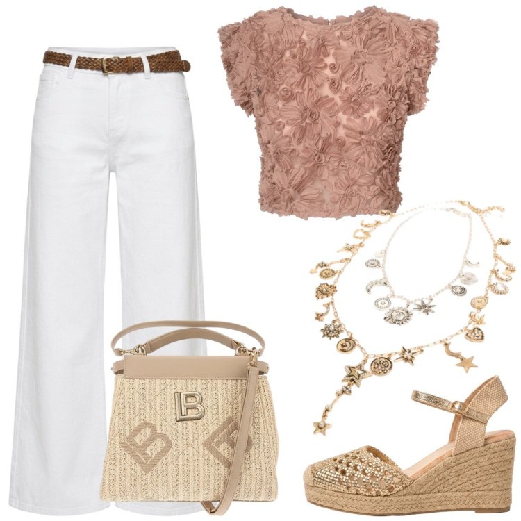 Outfit donna - Summer vibe pink. Stile Casual chic per Tutti i giorni. Abbinamento con top, pantaloni, ciondoli, espadrillas, borse a tracolla.