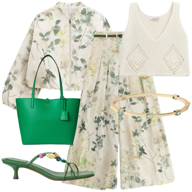 Outfit donna - Total look #2423560. Stile Casual chic per Serata fuori. Abbinamento con bomber, pantaloni a palazzo, top, sandali gioiello, braccialetti, borse tote.