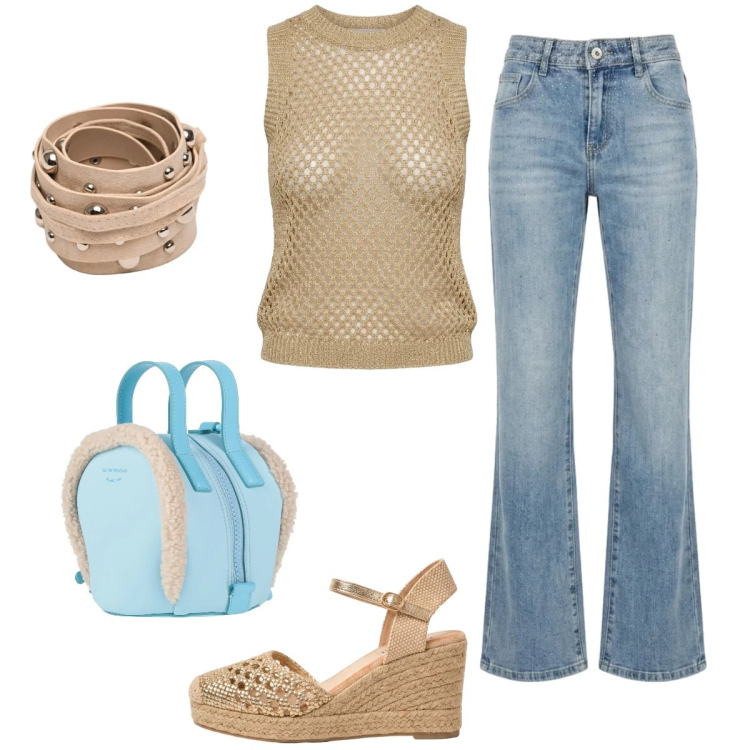 Outfit donna - Maree emotive. Stile Casual per Tutti i giorni. Abbinamento con zaini, espadrillas, cinture, canottiere, jeans a zampa.