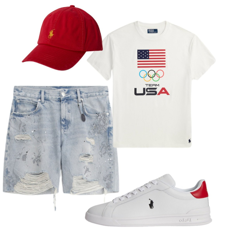 Outfit uomo - Total look #2423563. Stile Casual per Tutti i giorni. Abbinamento con sneakers, cappelli con visiera, t-shirt, bermuda.