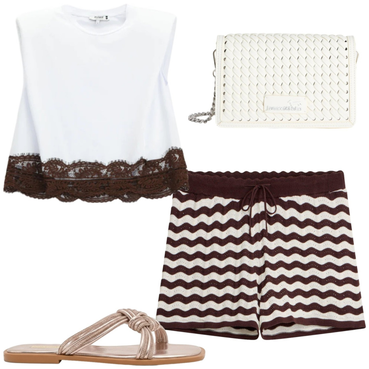 Outfit donna - Al mare. Stile Casual chic per Mare. Abbinamento con shorts, borse a tracolla, top, sandali.
