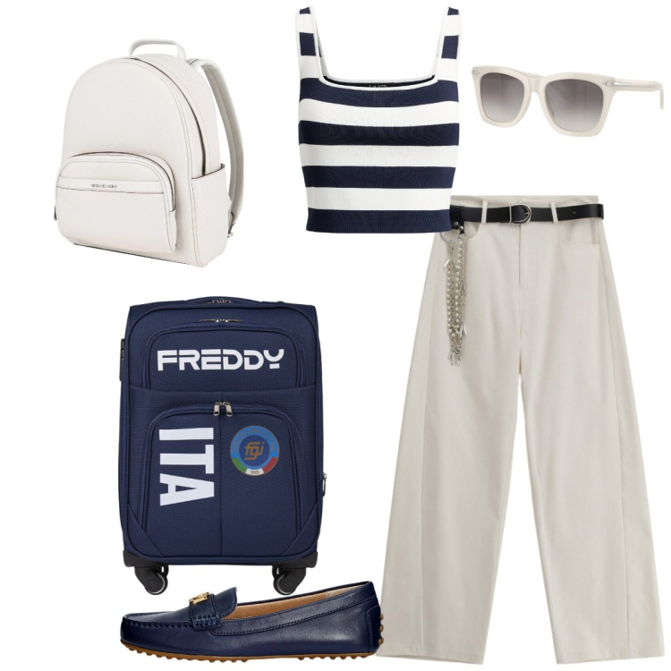 Outfit donna - Gita fuori porta. Stile Casual per Tutti i giorni. Abbinamento con zaini, pantaloni a palazzo, valigie, mocassini, top, occhiali da sole.