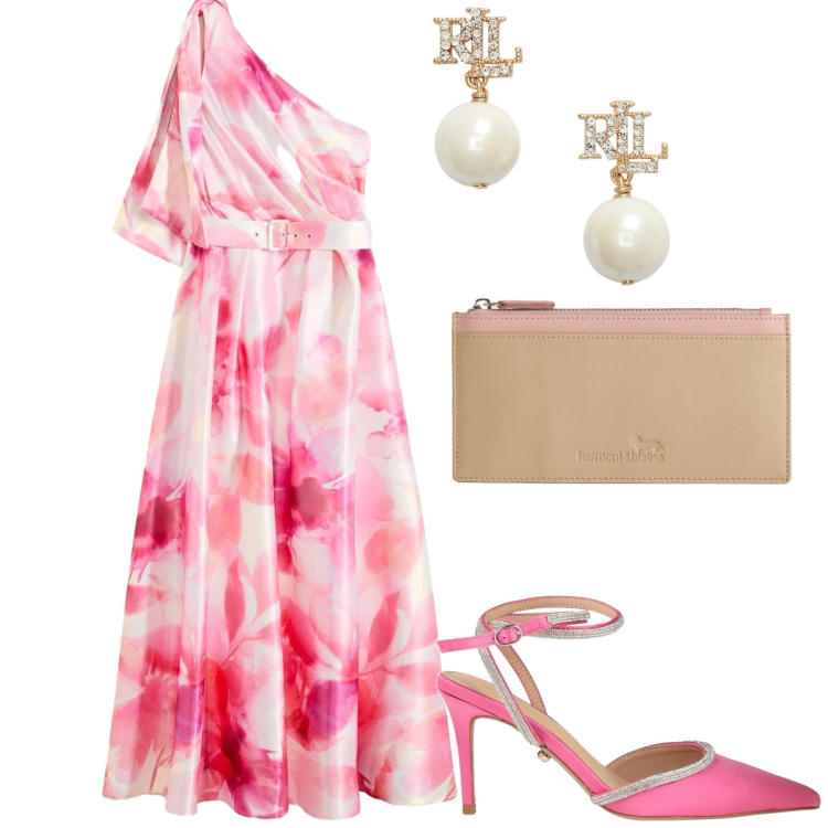 Outfit donna - Cerimonia. Stile Romantica per Cerimonia. Abbinamento con décolleté, vestiti asimmetrici, portafogli, orecchini.