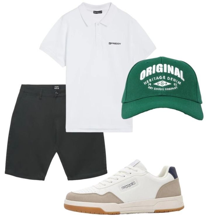 Outfit uomo - Total look #2423569. Stile Casual per Tutti i giorni. Abbinamento con sneakers, cappelli con visiera, pantaloni corti, polo.