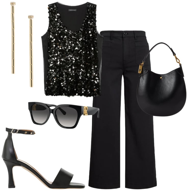 Outfit donna - A cena. Stile Chic per Serata fuori. Abbinamento con sandali col tacco, top, occhiali da sole, pochette, orecchini, pantaloni.