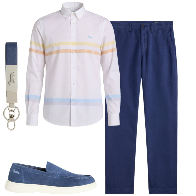 Outfit uomo - City. Stile Business/Elegante per Tutti i giorni. Abbinamento con camicie, portachiavi, scarpe stringate, pantaloni.