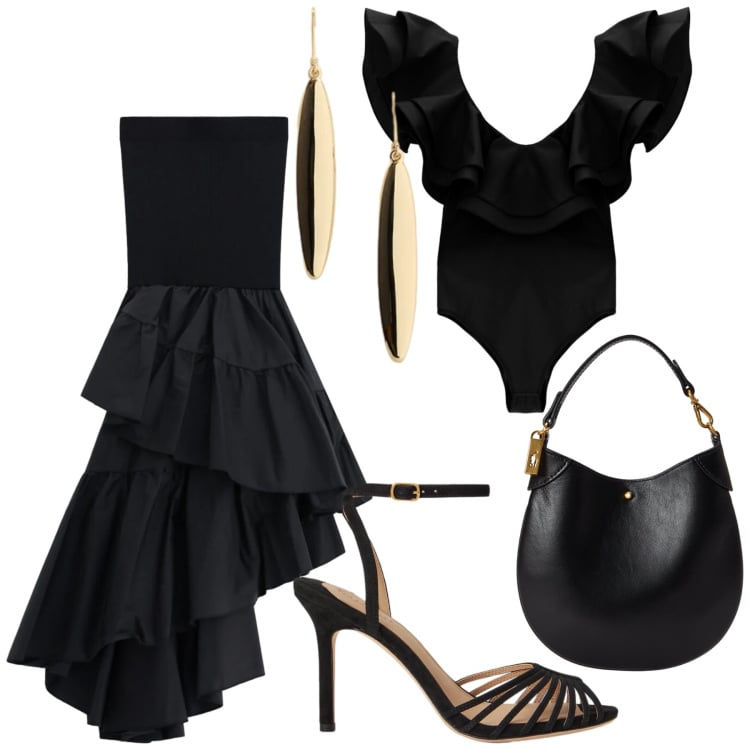 Outfit donna - In black. Stile Glamour per Serata fuori. Abbinamento con gonne lunghe, top, pochette, sandali col tacco, orecchini.