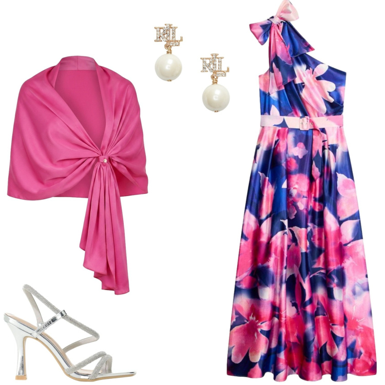 Outfit donna - Ad una cerimonia di sera. Stile Glamour per Cerimonia. Abbinamento con vestiti asimmetrici, sandali col tacco, stole, orecchini.