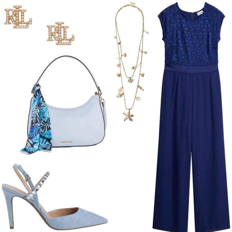 Outfit donna - L\'outfit raffinato e spontaneo. Stile Glamour per Serata fuori. Abbinamento con décolleté, tute, borse a mano, collane, orecchini.