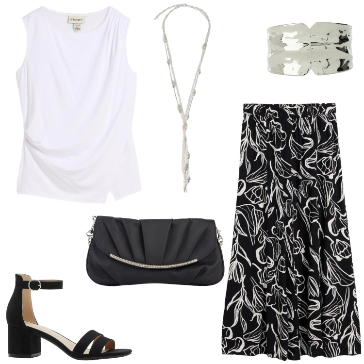 Outfit donna - Eleganza minimal. Stile Minimal per Serata fuori. Abbinamento con top, sandali col tacco, clutch, gonne lunghe, braccialetti, collane.