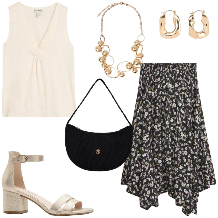 Outfit donna - Semplicità e eleganza. Stile Chic per Tutti i giorni. Abbinamento con gonne longuette, orecchini, sandali col tacco, top, borse a mano, collane.
