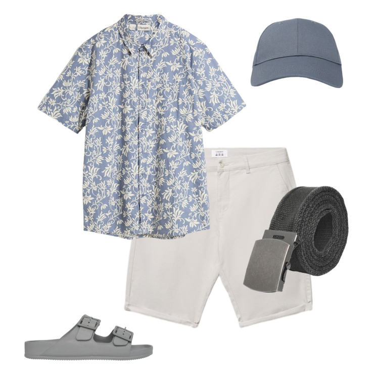 Outfit uomo - Mare. Stile Casual per Mare. Abbinamento con camicie a manica corta, cappelli con visiera, sandali, shorts, cinture.