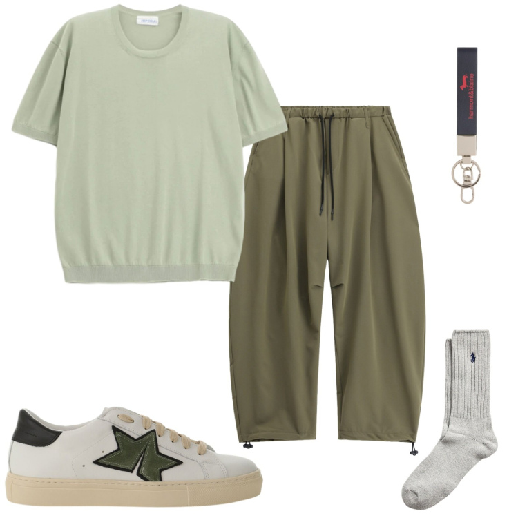 Outfit uomo - Stylish but relaxed. Stile Trendy per Tutti i giorni. Abbinamento con portachiavi, calzini, sneakers, t-shirt, pantaloni.