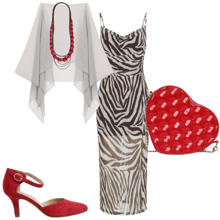 Outfit donna - Un tocco di colore. Stile Chic per Serata fuori. Abbinamento con décolleté, vestiti lunghi, borse a tracolla, cappe, collane.