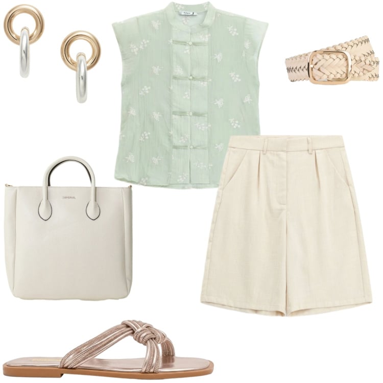 Outfit donna - Giugno bollente. Stile Casual chic per Tutti i giorni. Abbinamento con cinture, bermuda, borse a tracolla, camicie a manica corta, sandali, orecchini.