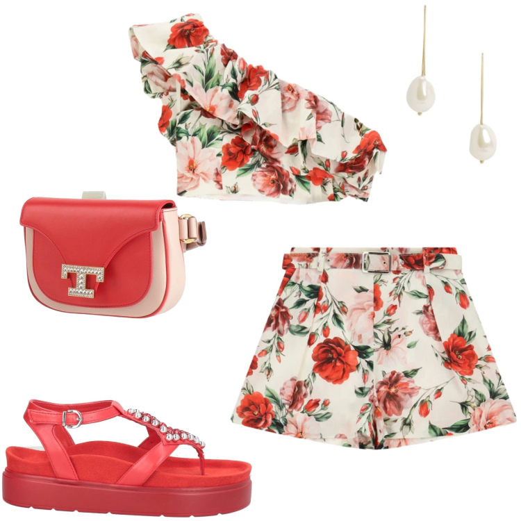 Outfit donna - Sera d\'estate. Stile Casual chic per Serata fuori. Abbinamento con marsupi, ciabatte, top, shorts, orecchini.
