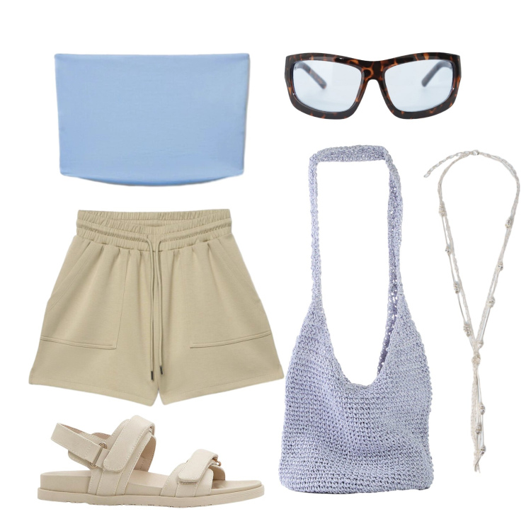 Outfit donna - Giugno. Stile Sporty chic per Tutti i giorni. Abbinamento con sandali, shopping bag, top, bermuda, occhiali da sole, collane.