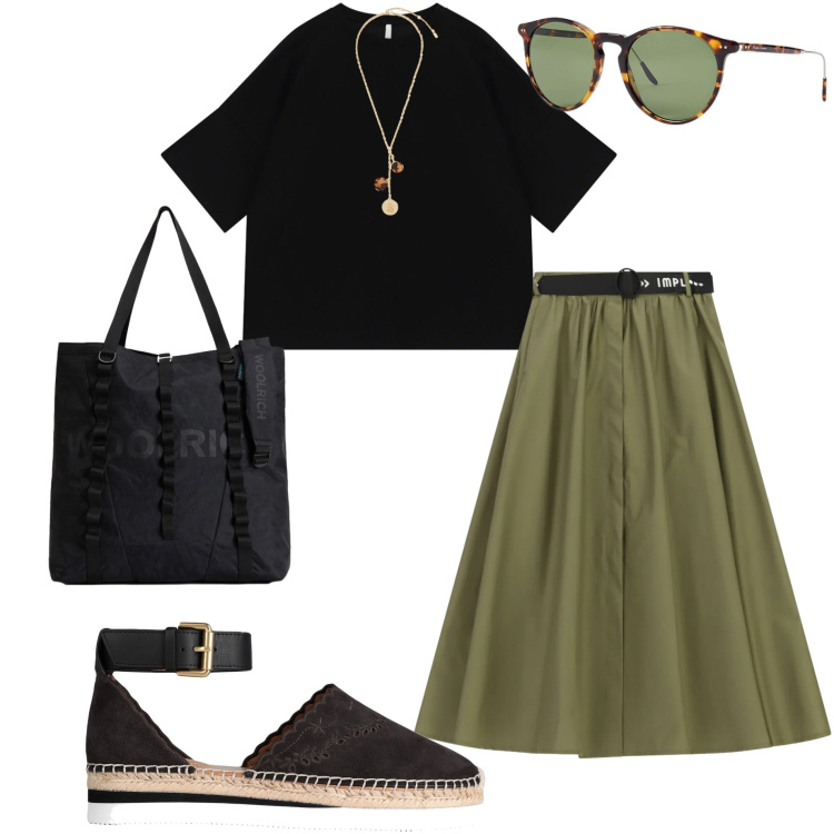 Outfit donna - In ufficio. Stile Casual chic per Ufficio. Abbinamento con espadrillas, gonne longuette, t-shirt, borse tote, collane, occhiali da sole.
