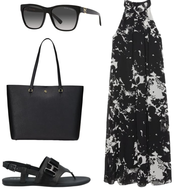 Outfit donna - Look quotidiano. Stile Boho per Tutti i giorni. Abbinamento con infradito, vestiti lunghi, occhiali da sole, borse tote.