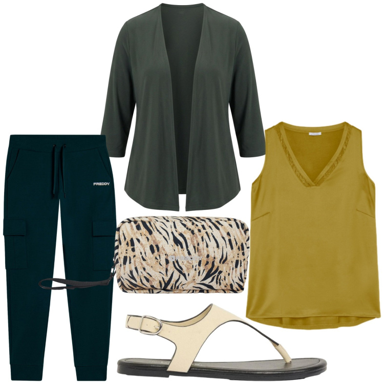 Outfit donna - Ocra night. Stile Casual per Tutti i giorni. Abbinamento con infradito, valigie, pantaloni, top, blazer.