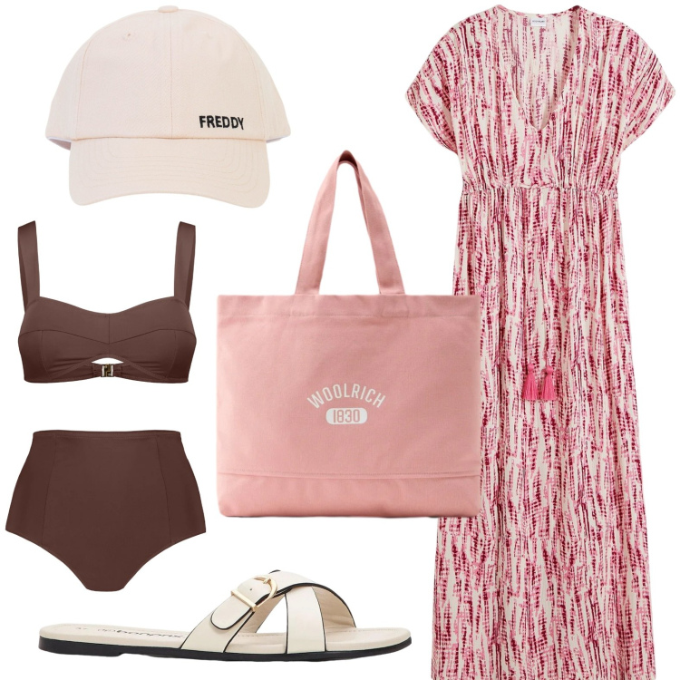 Outfit donna - Spiaggia fashion. Stile Chic per Mare. Abbinamento con vestiti lunghi, ciabatte, cappelli con visiera, borse tote, bikini.