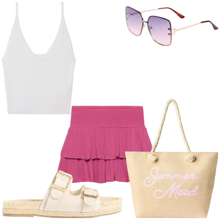 Outfit donna - Arrivato il caldo. Stile Casual per Tutti i giorni. Abbinamento con occhiali da sole, ciabatte, top, borse tote, minigonne.