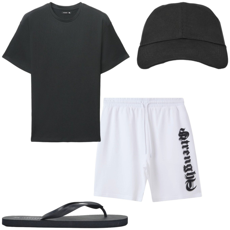 Outfit uomo - Attivato il caldo. Stile Casual per Tutti i giorni. Abbinamento con bermuda, cappelli con visiera, sandali, t-shirt.