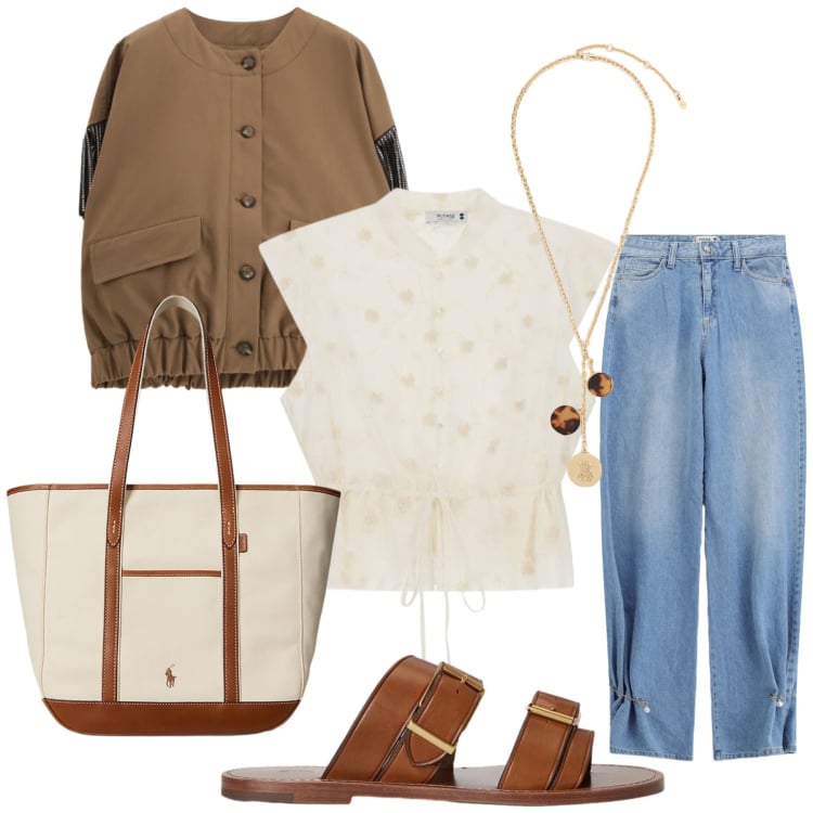 Outfit donna - Total look #2423622. Stile Casual chic per Tutti i giorni. Abbinamento con gilet, jeans, top, borse tote, sandali in pelle, collane.