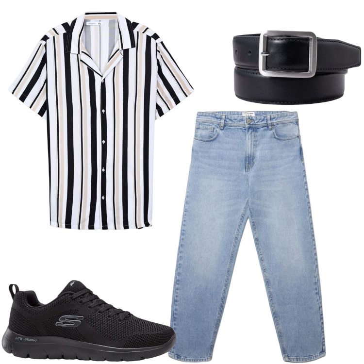 Outfit uomo - La giornata calda. Stile Casual per Tutti i giorni. Abbinamento con sneakers, camicie a manica corta, jeans, cinture.
