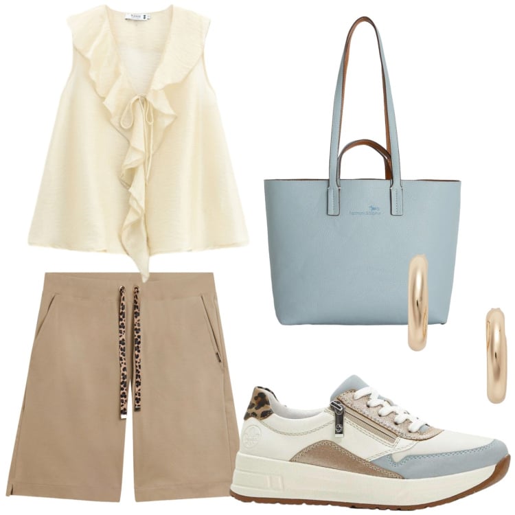 Outfit donna - Tendenza bermuda. Stile Glamour per Tutti i giorni. Abbinamento con sneakers, shopping bag, top, bermuda, orecchini.