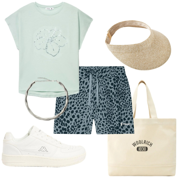 Outfit donna - Total look #2423642. Stile Basic per Mare. Abbinamento con cappelli con visiera, sneakers, t-shirt, collane, pantaloni corti, borse tote.