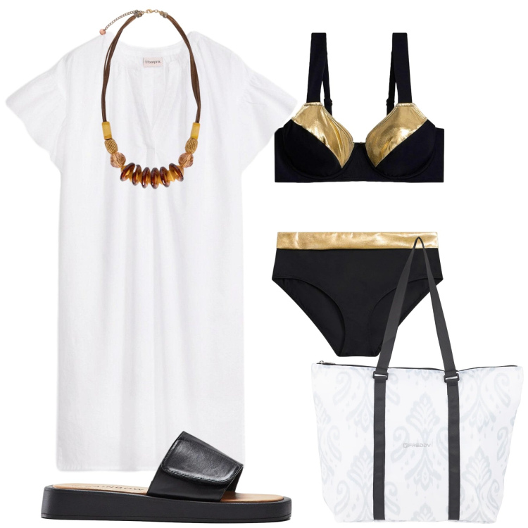 Outfit donna - Total look #2423646. Stile Basic per Mare. Abbinamento con bikini, ciabatte, vestiti da spiaggia, shopping bag, collane.