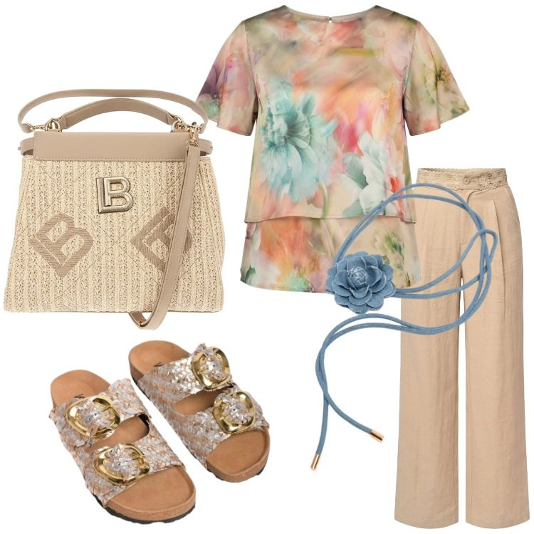 Outfit donna - Summer Confidence. Stile Casual chic per Tutti i giorni. Abbinamento con ciabatte, pantaloni a palazzo, cinture, t-shirt, borse a tracolla.