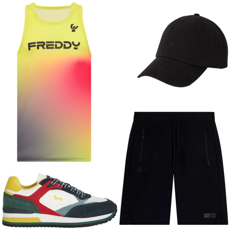 Outfit uomo - Total look #2423649. Stile Trendy per Sport. Abbinamento con sneakers, bermuda, canottiere, cappelli con visiera.