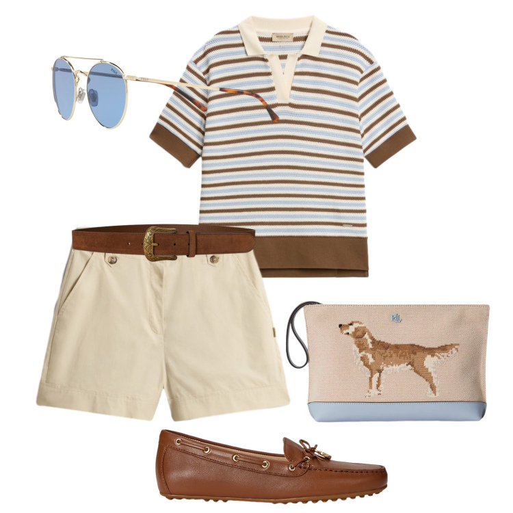 Outfit donna - English style. Stile Casual chic per Tutti i giorni. Abbinamento con pantaloni corti, polo, mocassini, pochette, occhiali da sole, cinture.