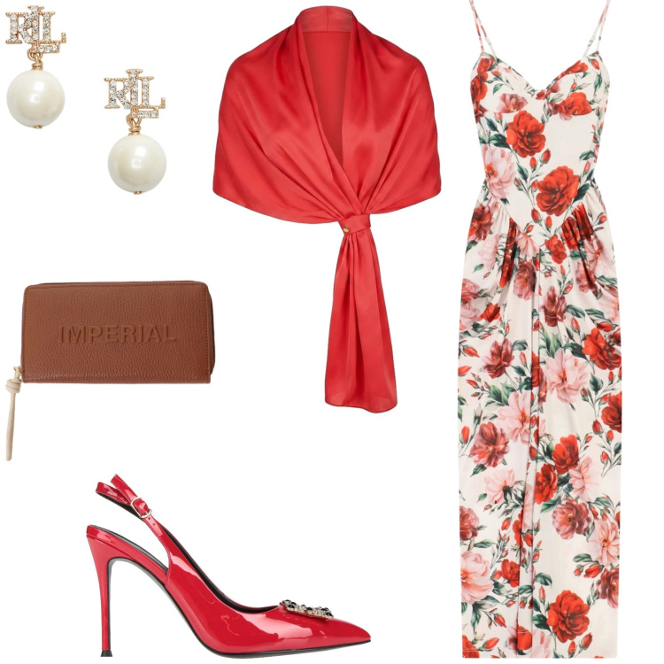 Outfit donna - Total look #2423656. Stile Chic per Cerimonia. Abbinamento con décolleté, portafogli, vestiti lunghi, stole, orecchini.