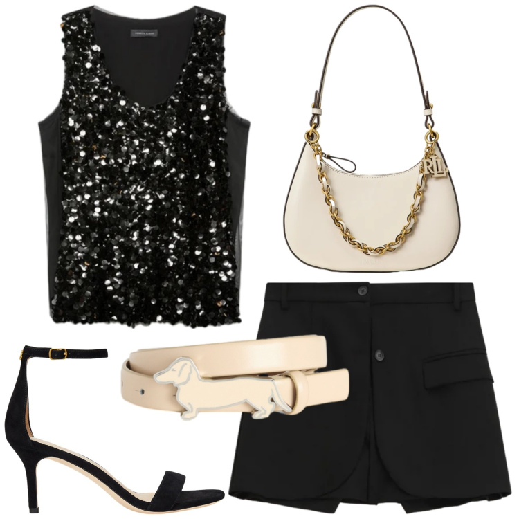 Outfit donna - Total look #2423658. Stile Chic per Serata fuori. Abbinamento con cinture, shorts, top, sandali in pelle, borse a spalla.