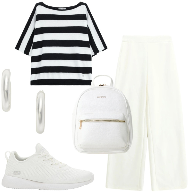 Outfit donna - Total look #2423659. Stile Casual per Tutti i giorni. Abbinamento con sneakers, zaini, pantaloni a palazzo, top, orecchini.