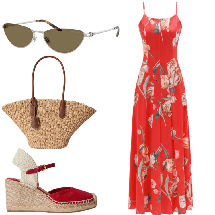 Outfit donna - Total look #2423661. Stile Romantica per Tutti i giorni. Abbinamento con vestiti lunghi, borse tote, zeppe, occhiali da sole.
