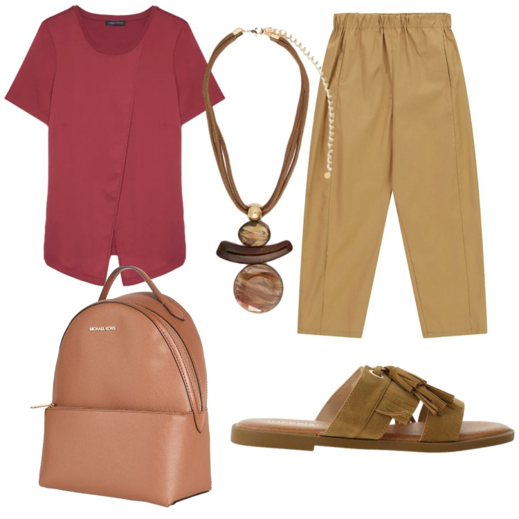 Outfit donna - Colori della terra. Stile Casual per Tutti i giorni. Abbinamento con zaini, sandali, pantaloni, ciondoli, t-shirt.