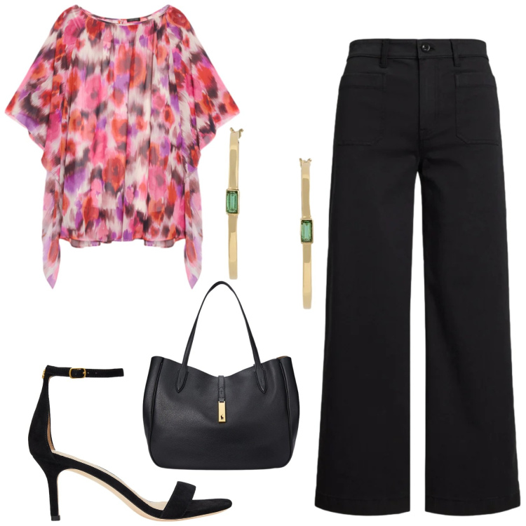 Outfit donna - Total look #2423668. Stile Chic per Serata fuori. Abbinamento con tuniche, sandali in pelle, borse tote, orecchini, pantaloni.