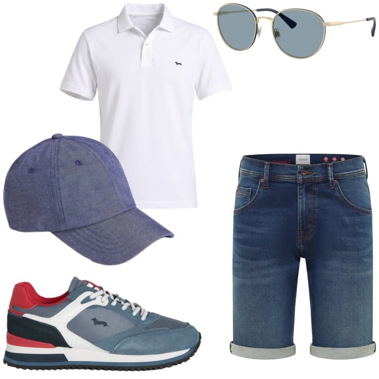 Outfit uomo - Total look #2423669. Stile Casual per Tutti i giorni. Abbinamento con bermuda, polo, sneakers, cappelli con visiera, occhiali da sole.