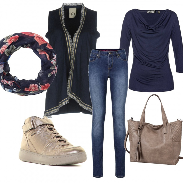 Outfit donna - Primavera in Blu e oro. Stile Trendy per Tutti i giorni. Abbinamento con jeans skinny, maglia scollo a cascata a maniche 3/4 blu, shopping bag, sciarpina, giubbotto, sneakers effetto metallizzato con lacci.
